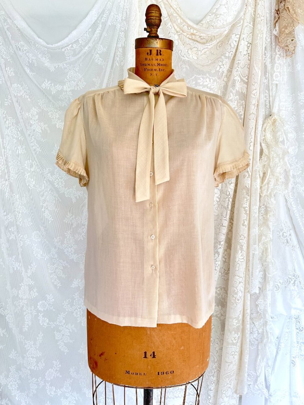 Vintage 70s Tan Bow Blouse, Puff Sleeve Ruffle Cuff, Semi-Sheer, Retro Academia